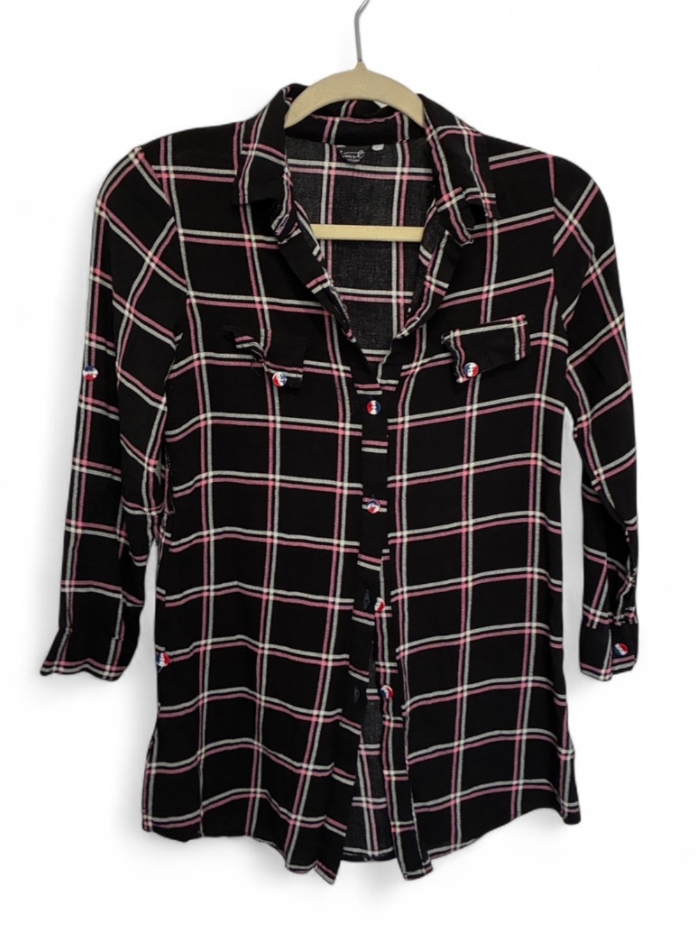 Vintage Black Plaid Button-Up Shirt with Pink and White Accents